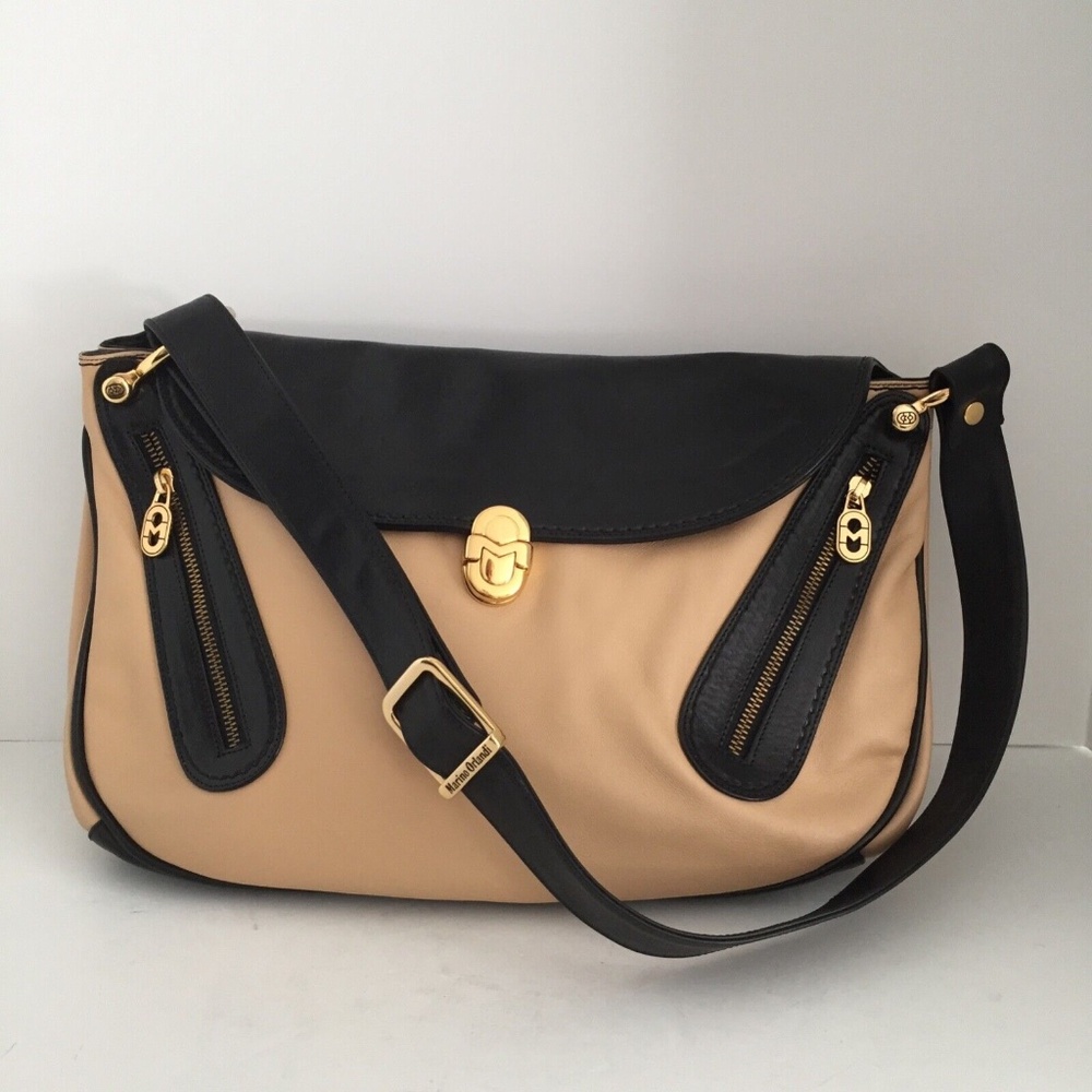Marino Orlandi Leather Shoulder Purse Handbag Black Tan Gold Hardware Italy EUC